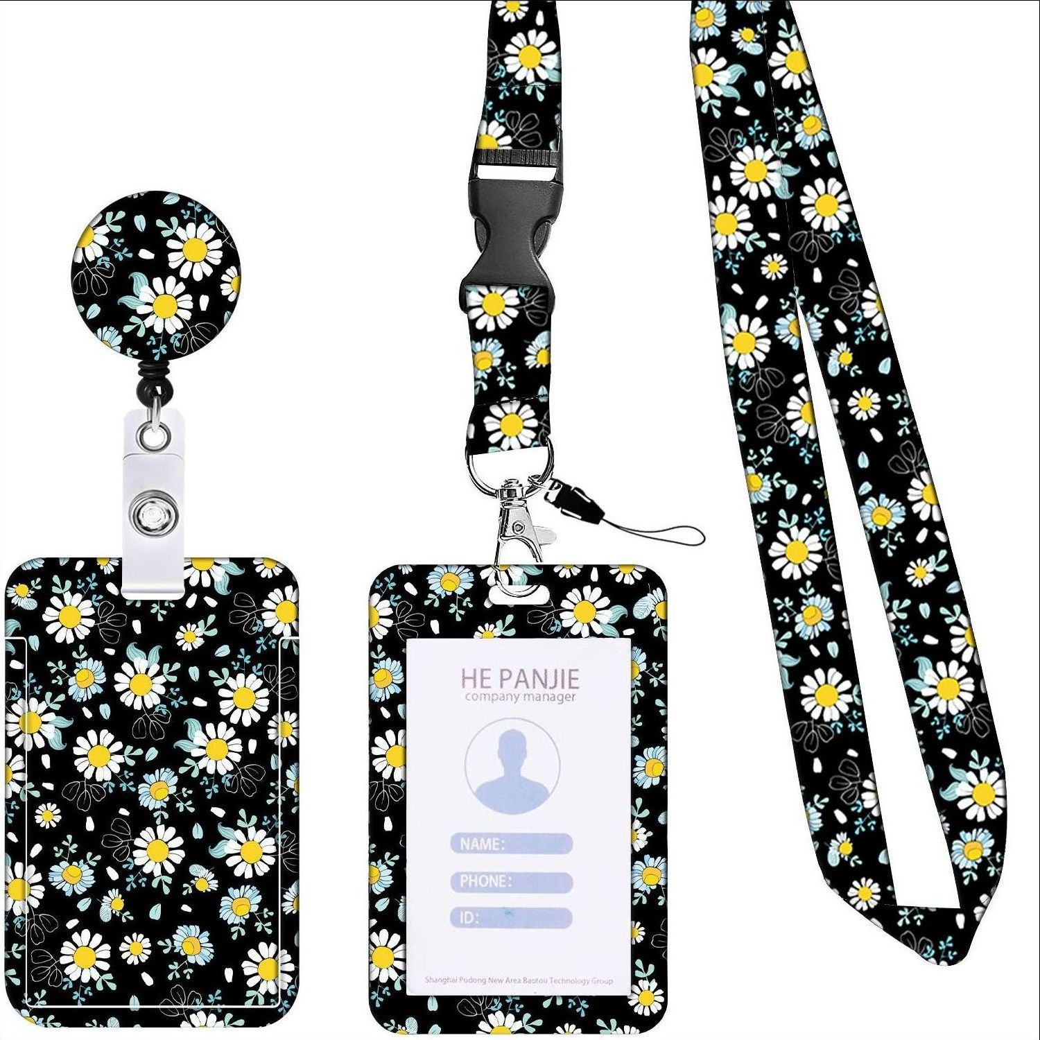 Picture of Retractable easy-pull buckle Badge clip small floral pattern ID card holder ID lanyard easy-pull telescopic buckle