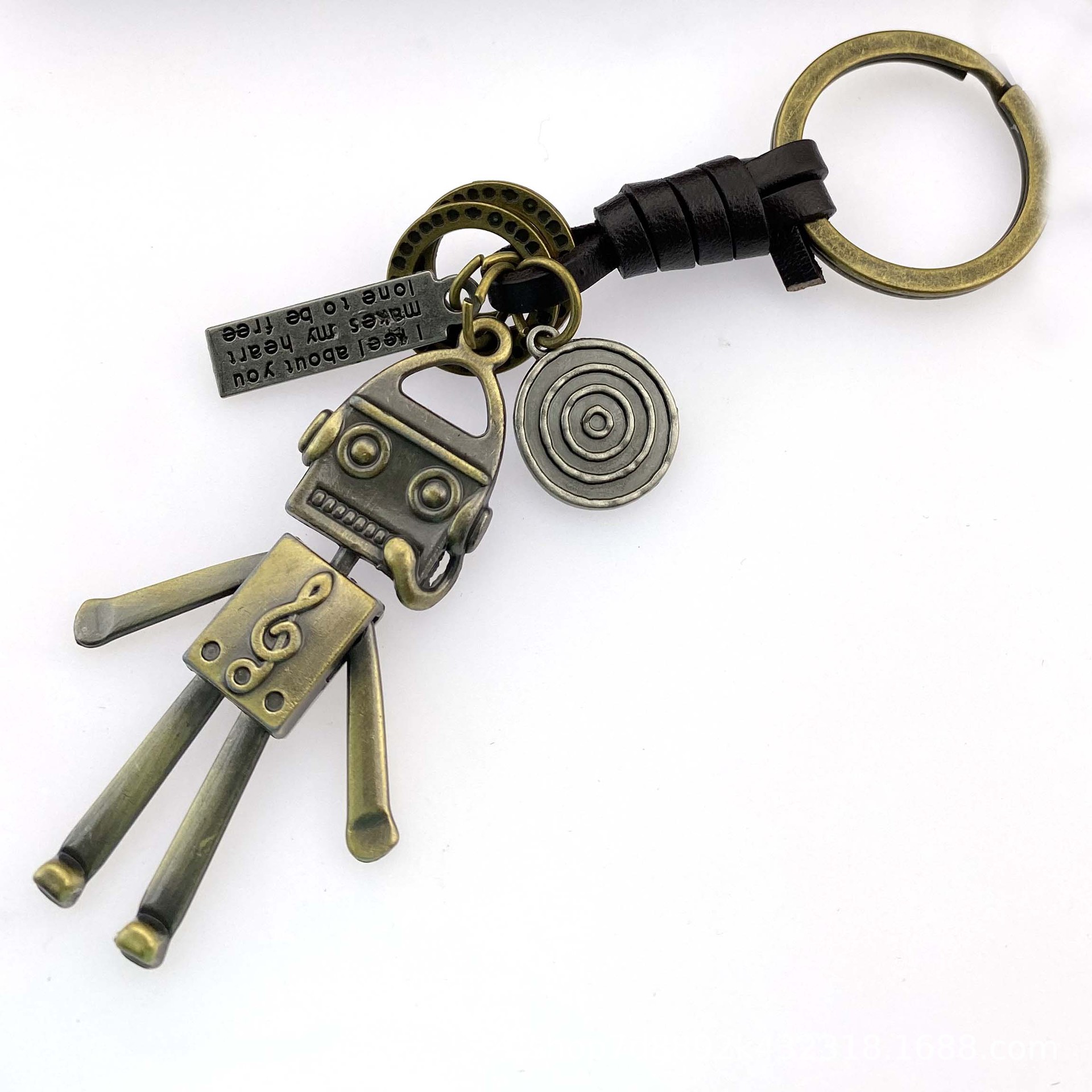 European and American Personality Handmade Leather Woven Keychain Alloy Robot Charm Vintage Cowhide Creative Charm