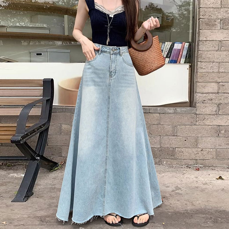 Korean Style Washed Rust Large Swing Denim Skirt 2025 Summer New High Waist Slimming All-match A- line Long Skirt for Women