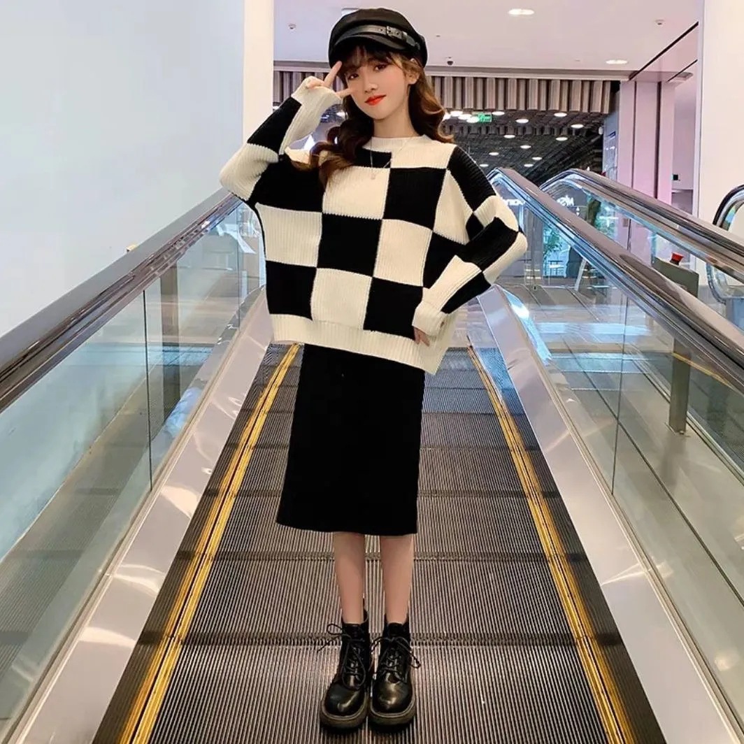 Girls' Autumn Chessboard Dress Children's Online Fashion Big Children's Clothing Spring Autumn Winter Knitted Two-piece Set
