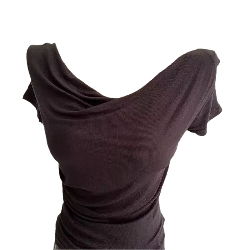 2024 Summer Pleated Irregular Thread Shoulder Open-Shoulder Swing-Collar Short-Sleeved T-Shirt Niche Design Sense Pure Spice Girl Top