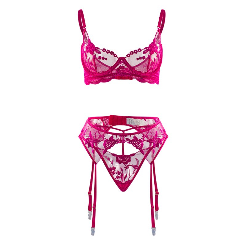 Sexy Underwear Temptation Perspective Bra Set Embroidered Lace Sexy Garter Belt Three-Piece Set One Thong