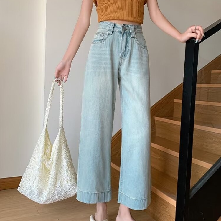 Denim Wide-Leg Pants for Women Spring and Summer 2025 New Casual High-Waisted Nine-Point Petite Loose Straight Wide-Leg Pants