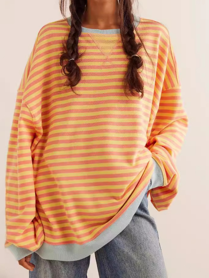 Europe and the United States cross-border 2024 autumn and winter Amazon oversize contrast striped Joker loose shoulder drop-off crew neck sweater women
