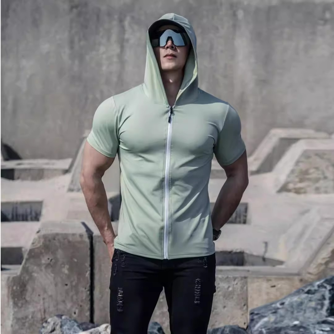 Spring and Summer New Men's Fitness Sports Leisure Running Exercise Quick-drying High Elastic Zipper Hooded Slim-fit Short-sleeved T-shirt