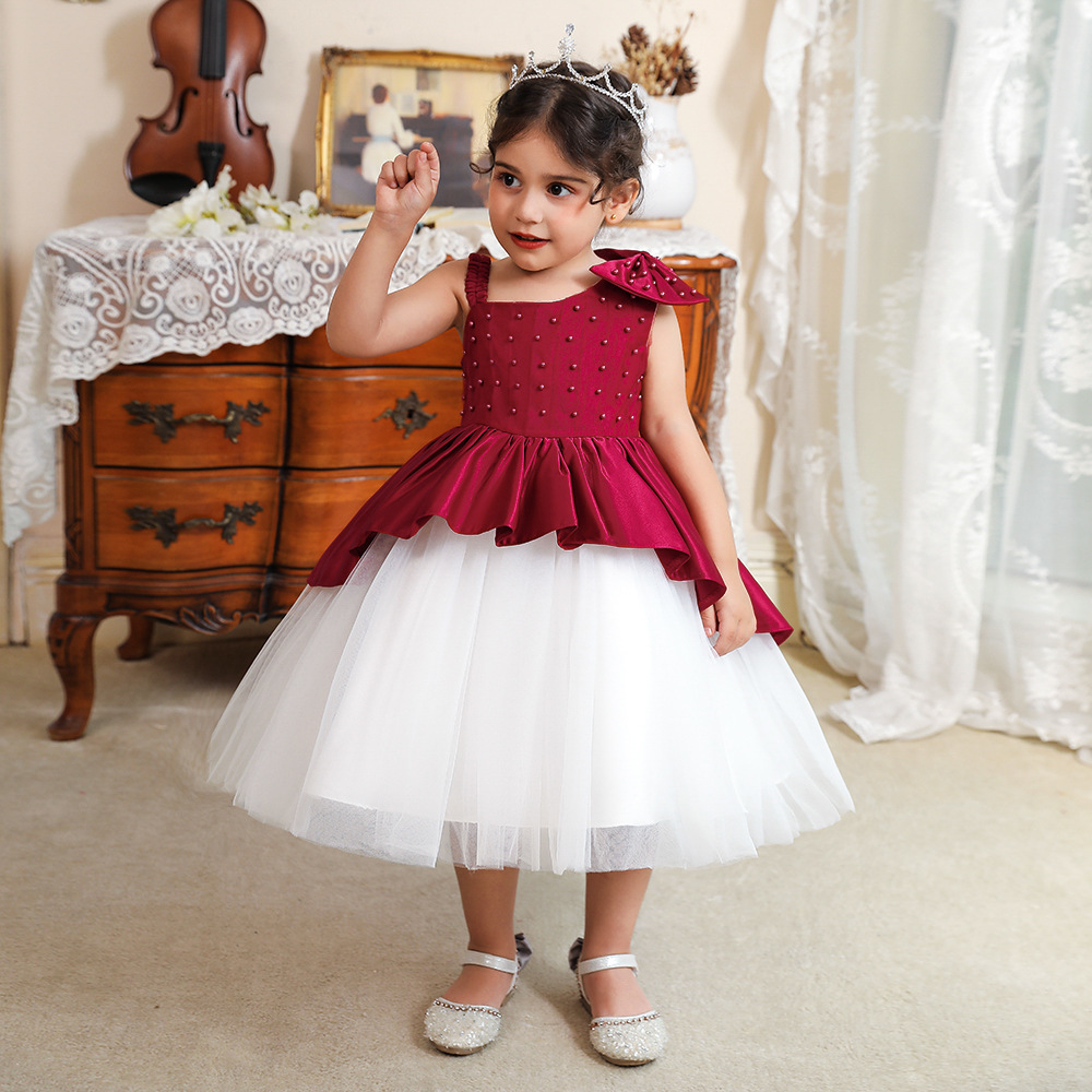 Amazon Flower Girl Dress Children's Bow Princess Dress Girls Beaded Cake Mesh Dress Little Girl Dress Dress