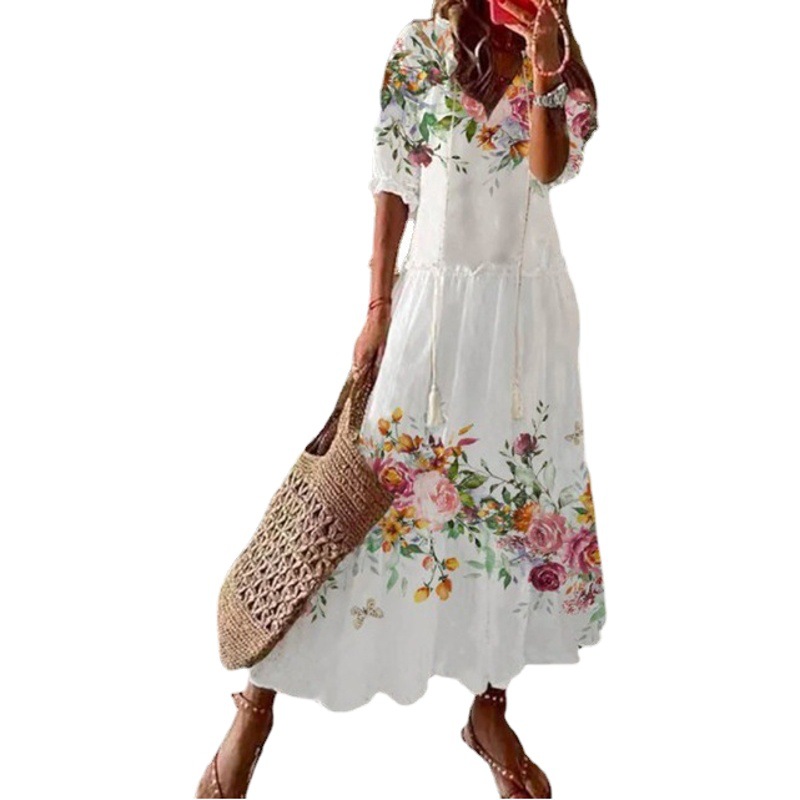 Cross-border European and American Spring and Summer New Women's Mid-length Sleeve Dress with Ears Loose Bohemian Printed V-neck Long Dress