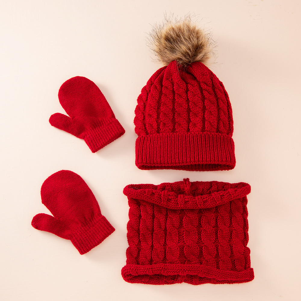 Picture of New wool monochrome twist warm children's hat scarf gloves two or three-piece spot children's hat set