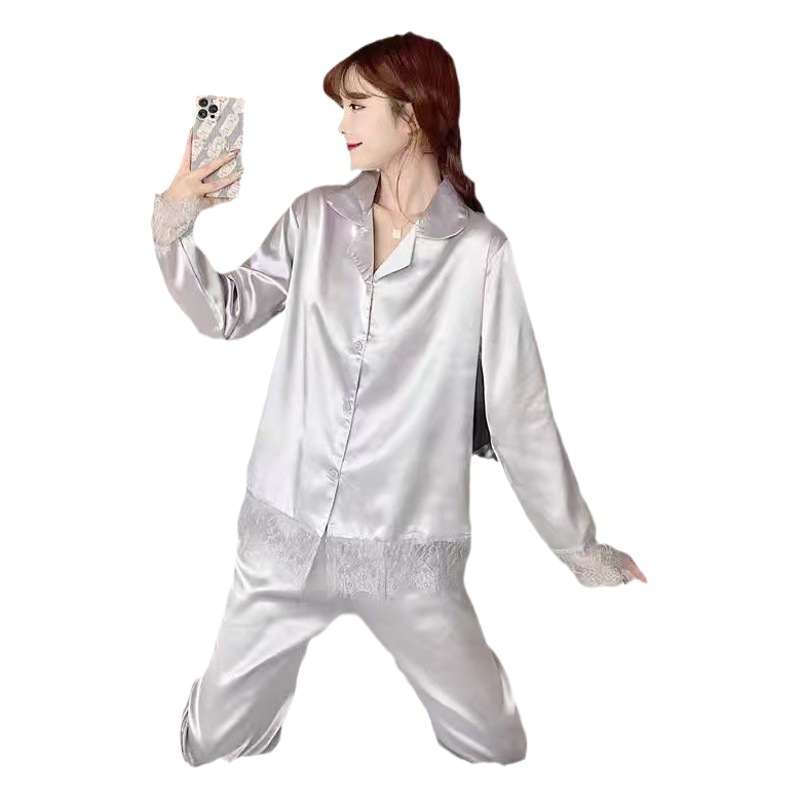 Lace spring and autumn pajamas women's long-sleeved solid color Princess cardigan Ice Silk spring and autumn artificial silk home wear suit
