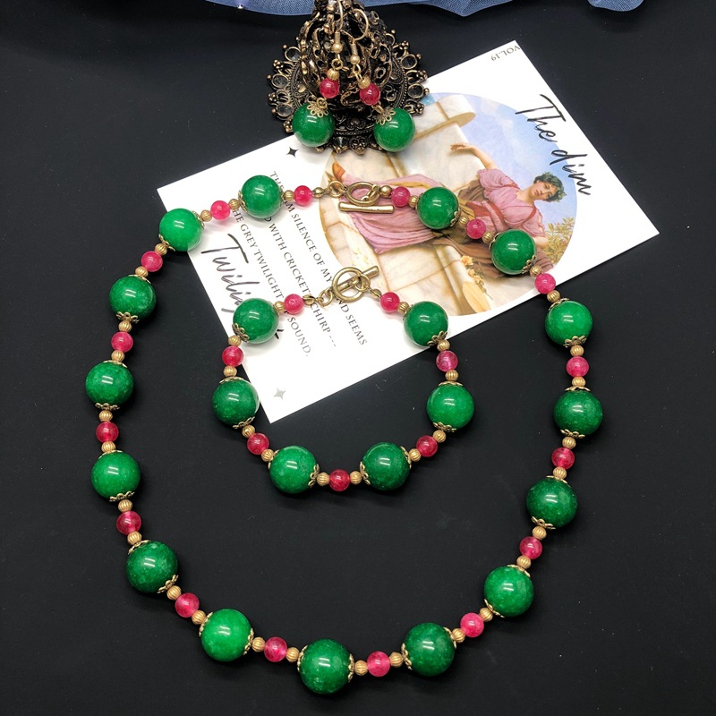 Vintage Palace suit Jewelry Red Green Stone Glaze Beaded Necklace Bracelet Copper Earrings Middle Ancient Fashion Jewelry