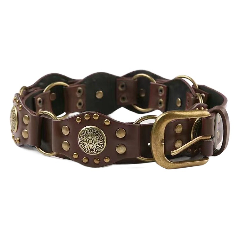 Western Denim Belt Women's 2024 New American Retro Brown Rivet Belt All-match Jeans with Ins Style