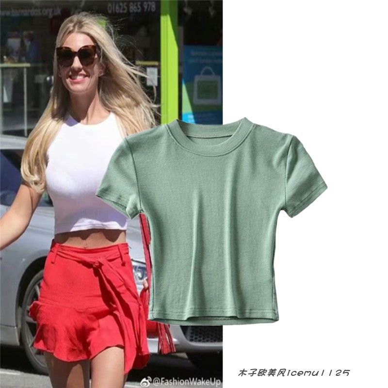 American Style Navel Short-sleeved Small Crewneck T-shirt Women's Summer New High Waist Slim-fit European and American Style Hot Girl Short Top Clothes