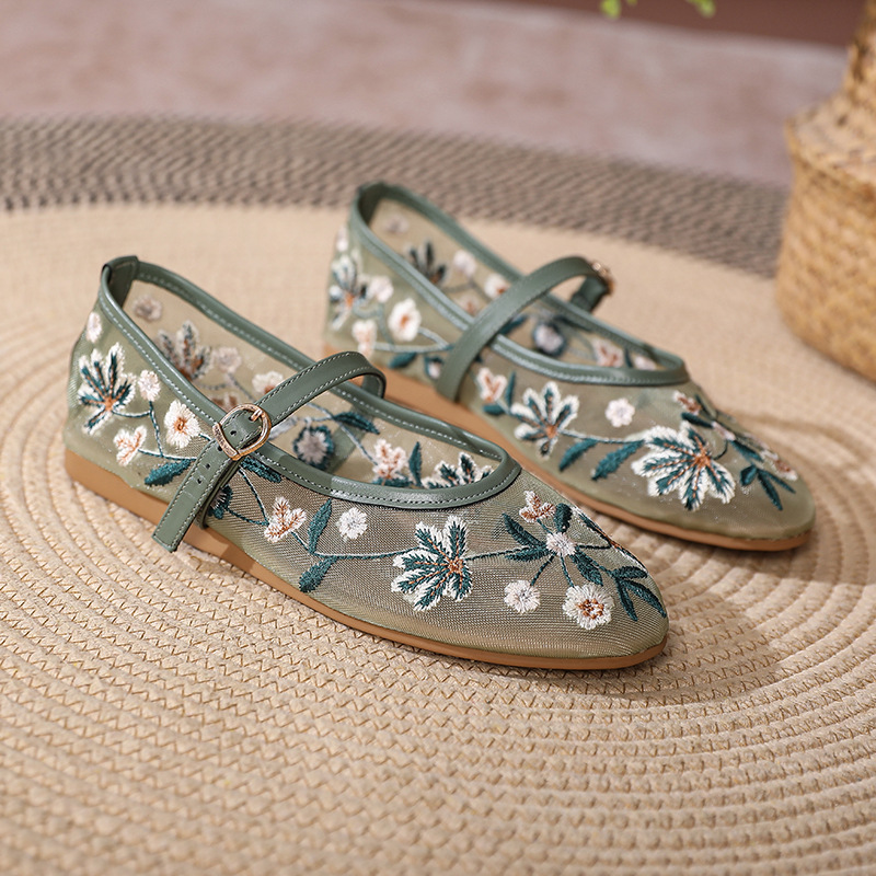 Autumn New Vintage Flower Embroidered Mesh Shoes Women's Shoes Fashion Breathable Green Ballet Flat Shoes