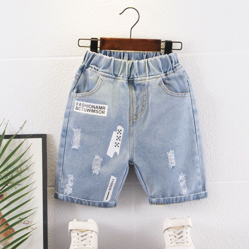 Picture of White printed denim shorts boys summer 2022 new children's pants summer big children