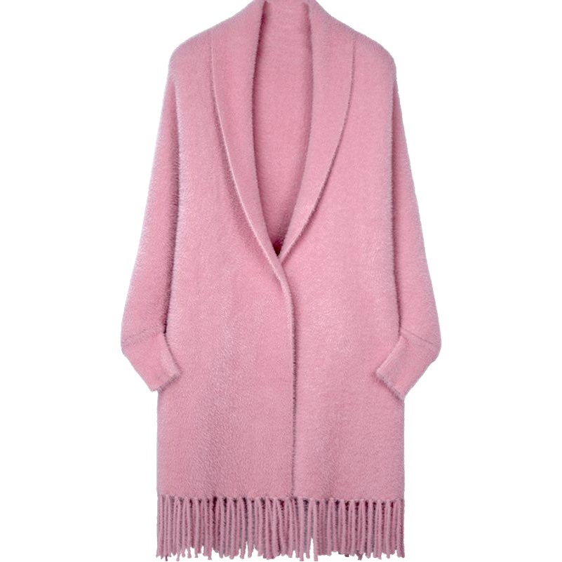 Autumn and winter with sleeves cape shawl women's monochrome imitation mink cashmere sweater mid-length cardigan cheongsam with thick cape
