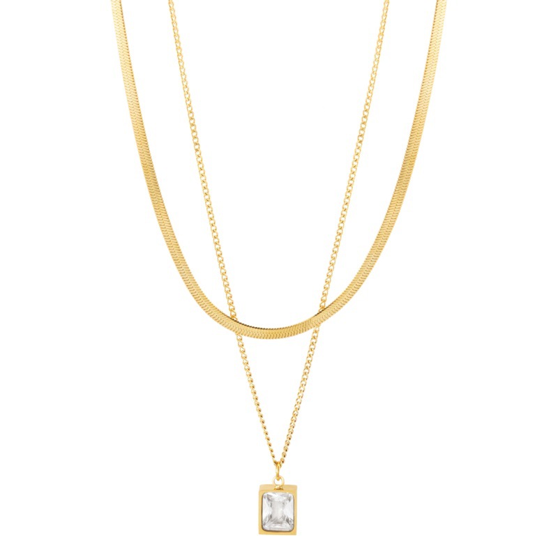 Green Square New Style Simple Joker Double-layer Stacked Titanium Steel Necklace Women's Summer Light Luxury Gold Heyin Cross-border Products