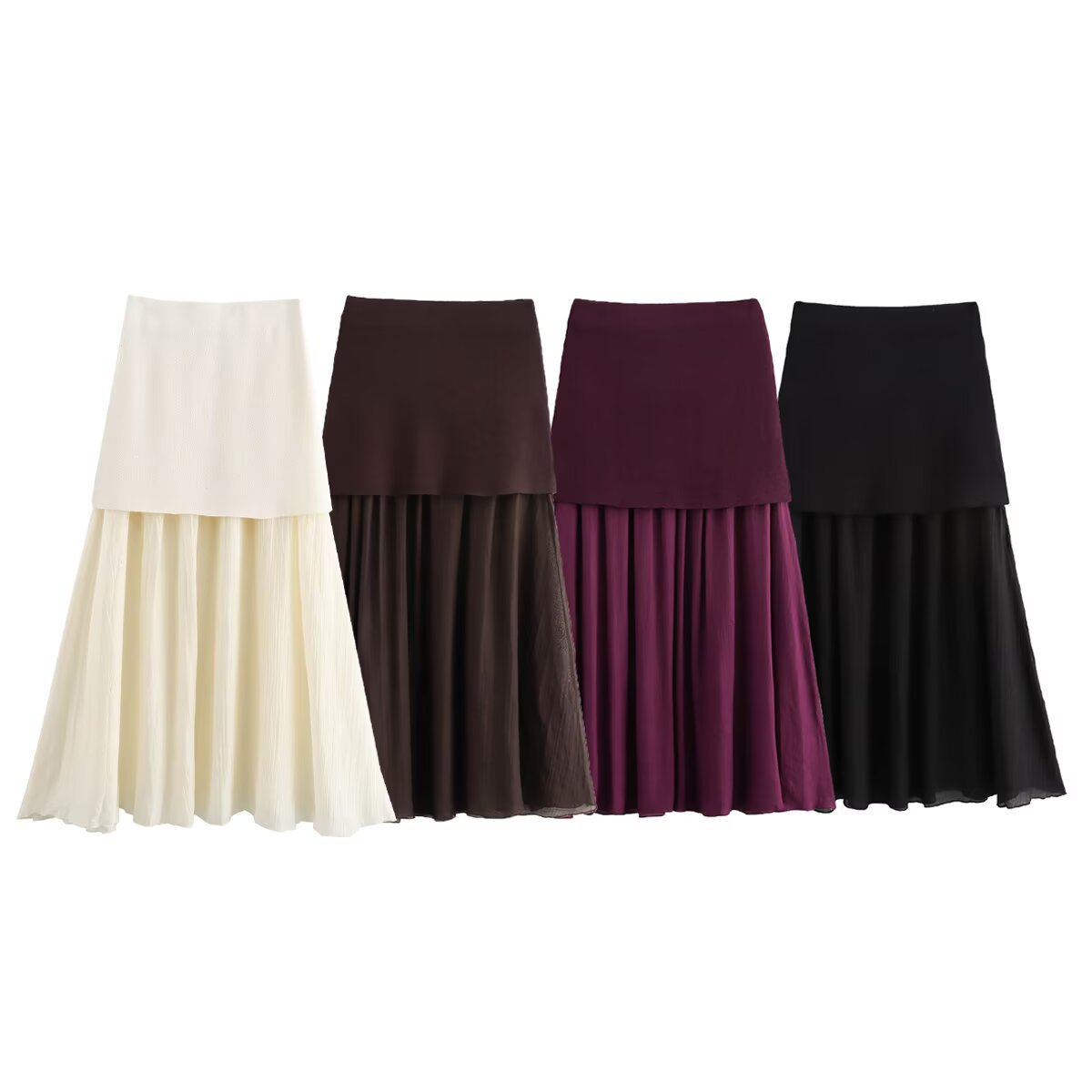 European and American Clothing Small Pleated Splicing Skirt Cross-Border Summer New Versatile Cuffed Mid-Length Skirt High Waist