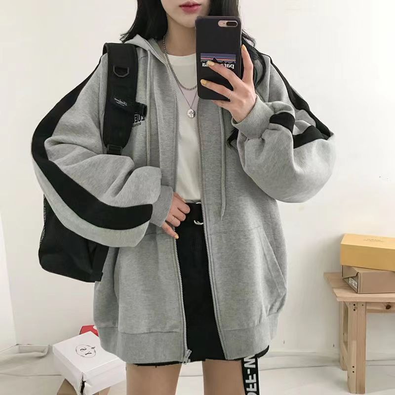 New Korean-style Harajuku Style Sweatshirt Color-matching Embroidered Alphabet Sweatshirt fleece-lined Zipper Jacket