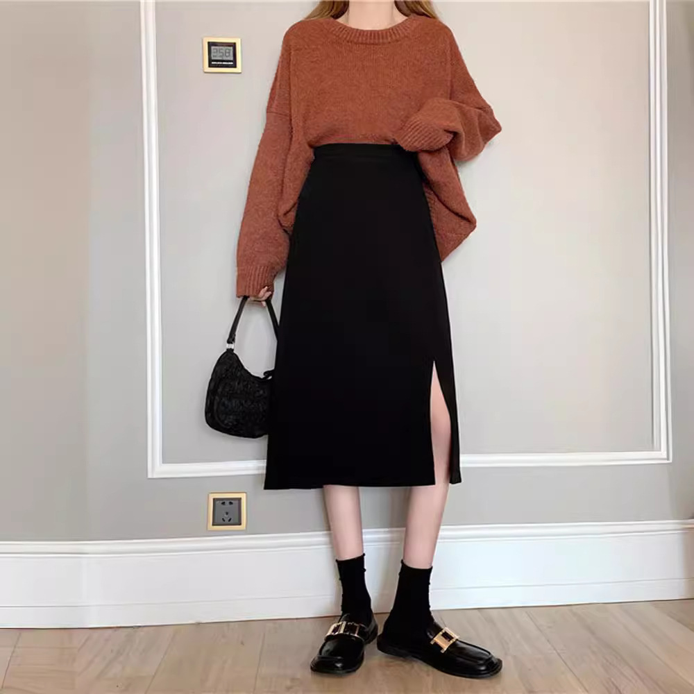 High Waist Small Women's Black Skirt New 2023 Split Hip Skirt Autumn One Step Sense Mid-Length Middle Eastern