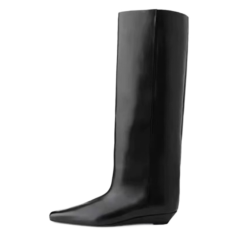 Retro Knight Boots Women's 2025 Autumn New Pointed Wedge Straight Boots But Knee Fashion Boots