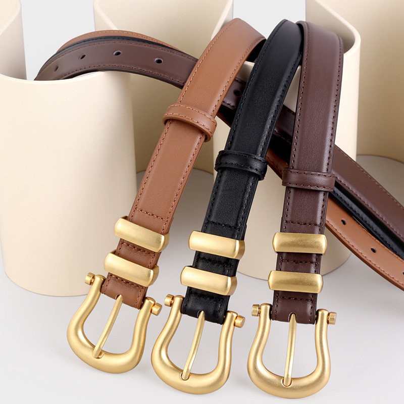 New Women's French Style Retro Metal Pin Buckle Leather Belt Tight Waist Matching Suit Casual Pants Top Layer Cowhide Belt