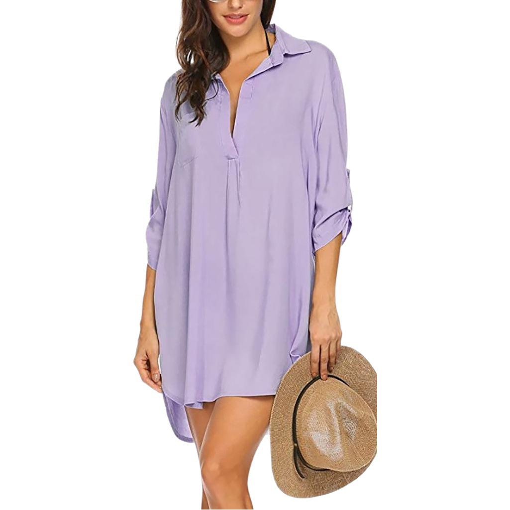 2022 Amazon Independent Station European and American New Women's Shirt Deep V-neck Solid Color Beach Sunscreen Swimwear Blouse