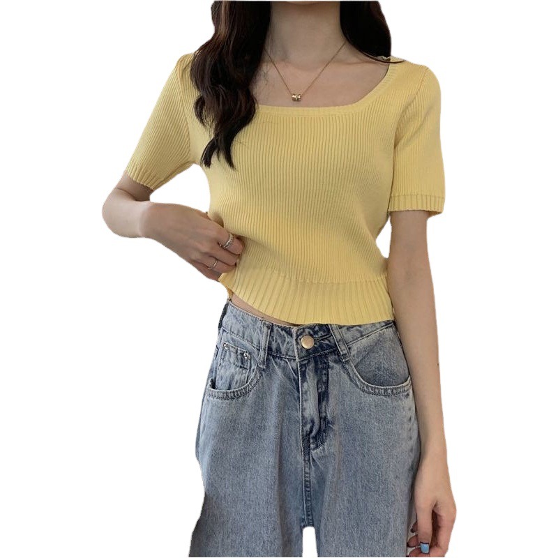2024 New Summer Style Solid Color Versatile Short-Sleeved Ice Silk Knitwear for Women Korean Style Short Style Slimming Look Top
