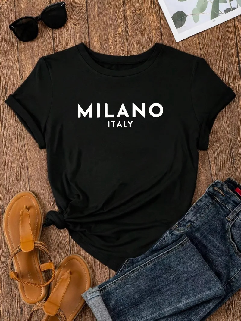 Picture of 2024 New European and American Cross-border Foreign Trade MILANO Printing Summer Simple Casual Round Neck T-shirt in stock