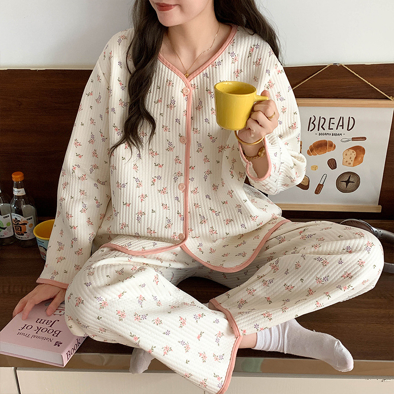 Autumn and winter air cotton pajamas women's thick warm long sleeve floral cardigan sweet cute home clothes suit generation hair