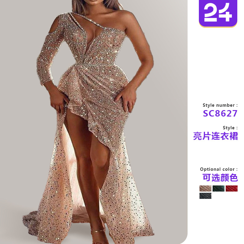 2025 Autumn Cross-border Foreign Trade Women's 8627 Plus Color Independent Station ebay Sexy Shoulder Banquet Dress Hip Skirt