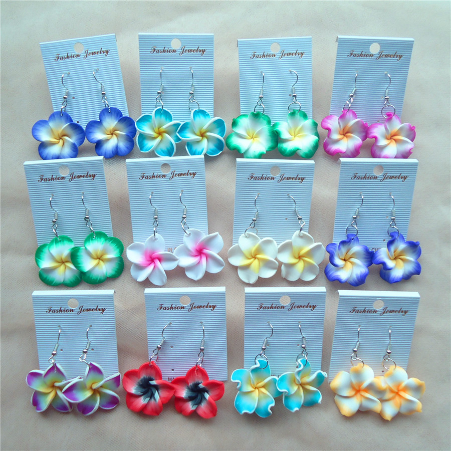 30mm Soft Pottery Flower Frangipani Earrings Wholesale Summer Hawaiian Seaside Beach Travel Holiday Style Earrings Jewelry