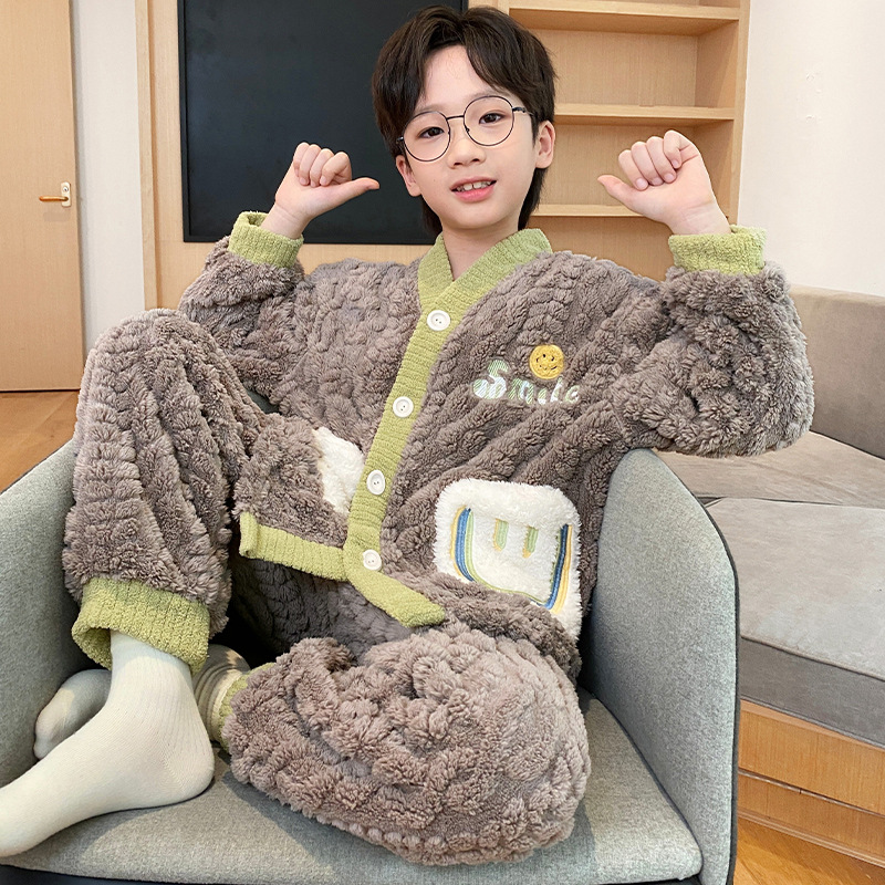 Picture of Children's coral fleece pajamas for boys autumn and winter 2024 new winter jacquard fleece home clothes for teenagers and little boys