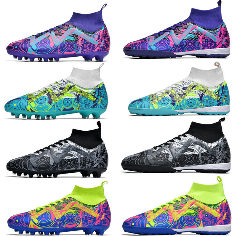 Cross-Border High-Top Football Shoes Tf Broken Nails Artificial Turf Ag Nails Leather Foot Training Shoes for Men, Women, Kidsren, Teenagers and Students