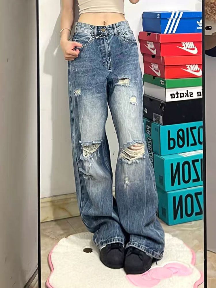Picture of Ripped plus-size wide-leg jeans women's American summer new loose and versatile fashion high-waisted floor-length straight trousers