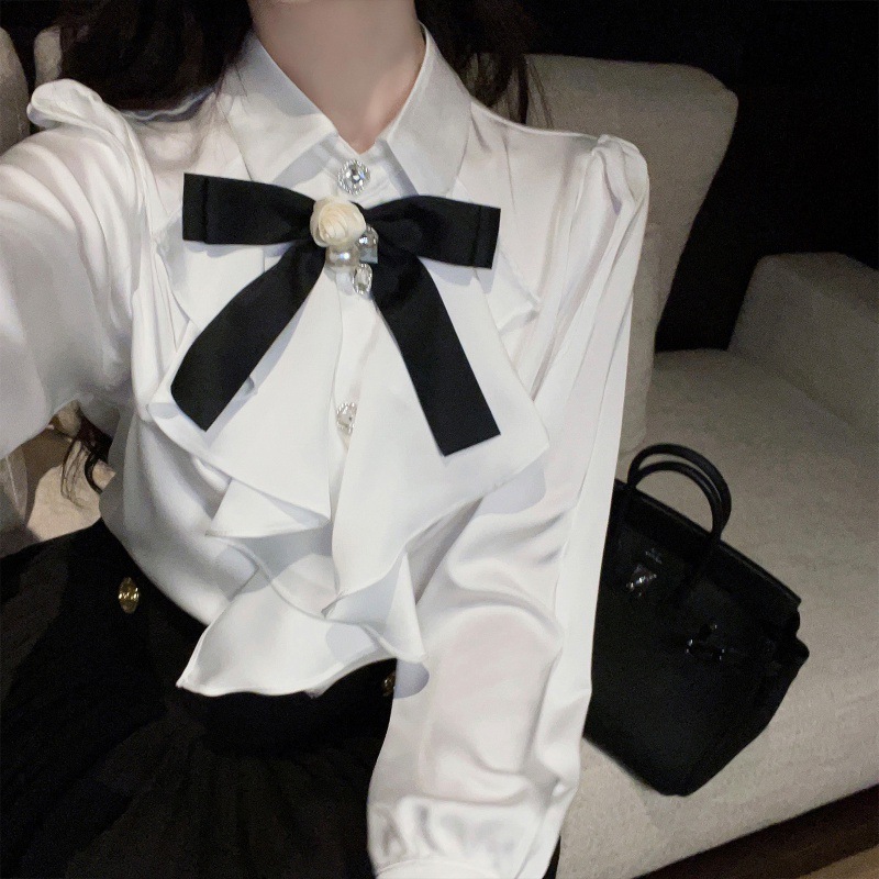 2024 spring white satin shirt bow French sweet chic top court beautiful small shirt