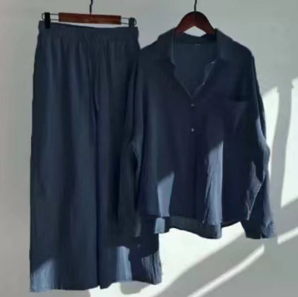 Picture of Cross-border Amazon Women's 2-piece Vintage Plus Size 2022 Cotton and Linen Shirt suit High Waist Loose Trousers
