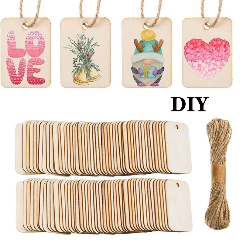 Unfinished Natural Wood Chip Tags with String, for Wedding Birthday Party Decoration DIY Wooden Pendants