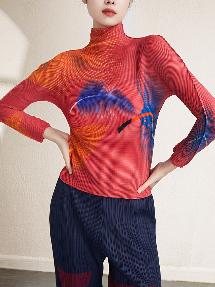 Picture of Miyake's New Half Turtleneck Stretch Slim Printed Bottoming Shirt Top 2025 Autum Pleated Long-Sleeved T-Shirt for Women