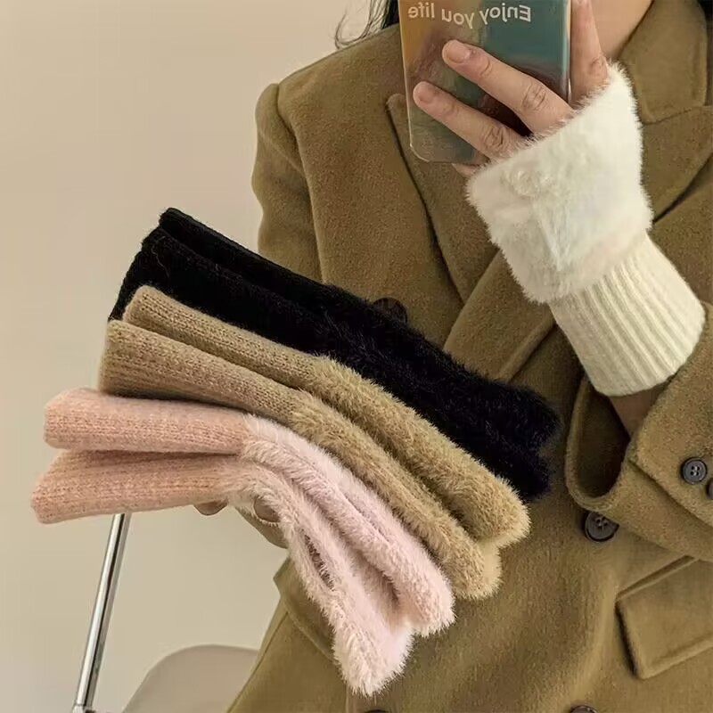 Half Finger Gloves Women's Winter Plush Warm Student Writing Fingerless Typing Knitted Half Fingers Long Gloves Wrist Bracer