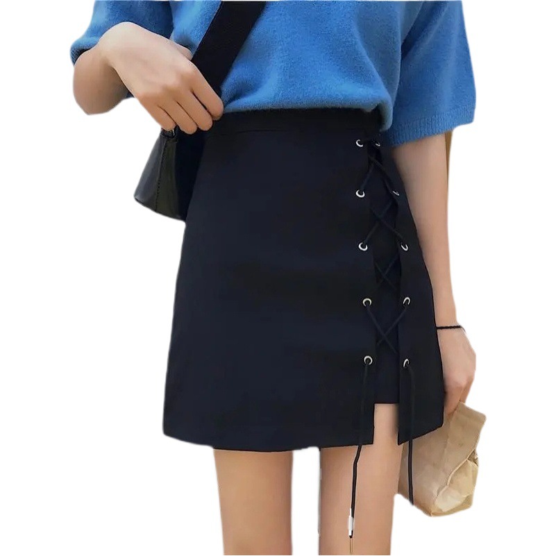 Summer 2022 Korean Style Strap Short Skirt High Waist Anti-glare A- line Skirt Solid Color Slimming Skirt Women's Trendy Hip Skirt