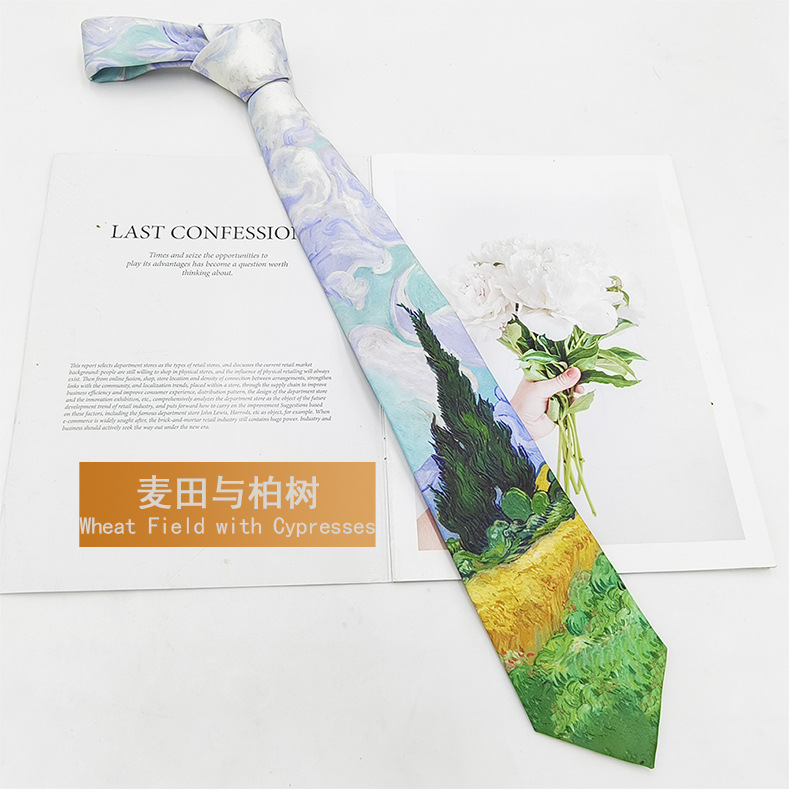 Picture of Van Gogh Oil Painting Men's Polyester Printed Vintage Tie Factory in stock Fashion Casual Tie Hand Tie 8cm