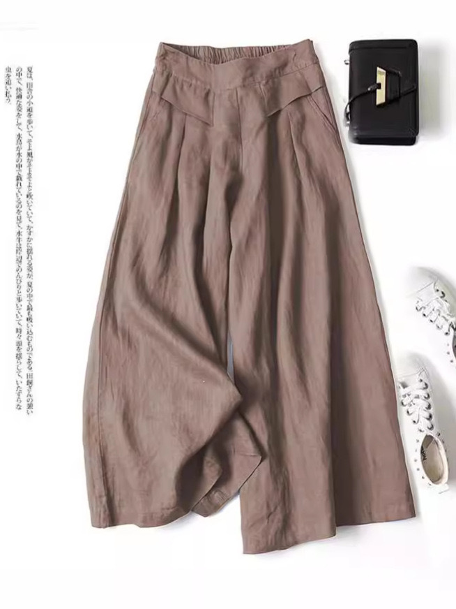 Vintage Loose Pendant Cotton and Linen Wide-leg Culottes Women's Summer Thin Semi-elastic High Waist All-match Artistic Casual Ankle-length Pants