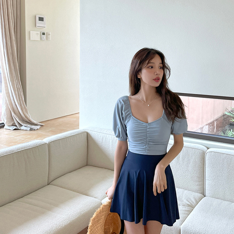 Conservative Girl's Solid Color Puff Sleeve Tight Slimming Split Triangle Belt Skirt Two-piece Square Neck Hot Spring Women's Swimsuit