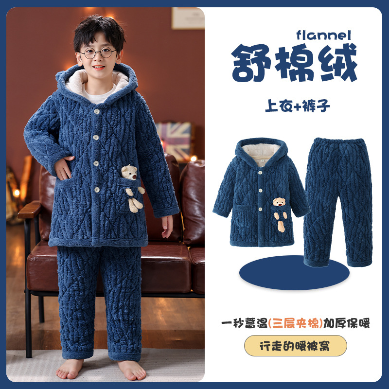 Picture of Children's Three-Layer Quilted Pajamas Winter Flannel fleece-lined Thickened Boys' Girls' Baby Warm Home Clothes suit