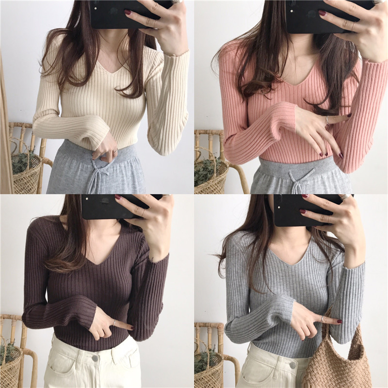 8801 # Official Picture Core-Spun Yarn V Neck Knitted Bottoming Shirt Pin Top Women's Autumn and Winter New Tight Knitwear Long Clothes