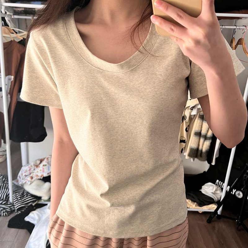 Picture of Right Shoulder Short-Sleeved U-Neck T-Shirt Women's Summer 2025 New Rayon Slim Low Round Neck Basic Bottoming Top