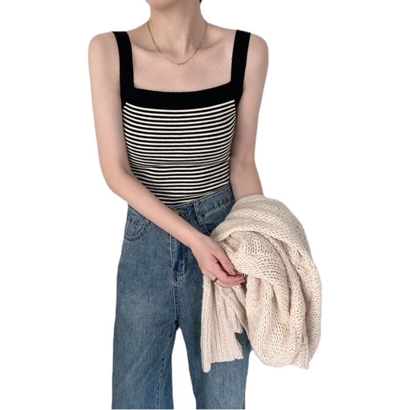 Retro Stripesd Knitted Camisole Women's 2025 Summer New Short Style Inner and Outer Wear Sexy Bottoming Top