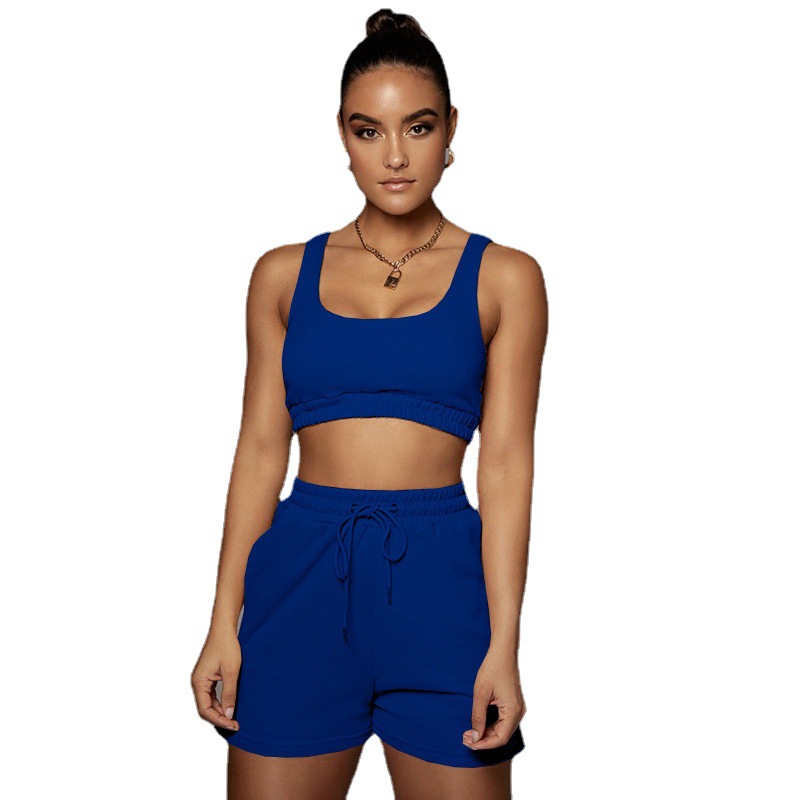 Picture of 2024 European and American Amazon cross-border summer women's solid color double-layer vest shorts sports navel suit