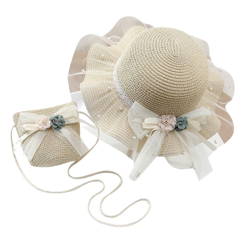 Children's Sunscreen Hat Summer Girl's Sunshade Straw Hat Bag Set Baby Girl's Western-style Pearl Princess Beach Hat