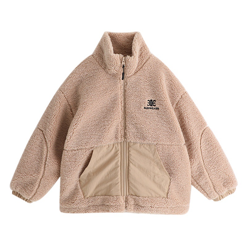 Thickened little wheat ear girls' coat 2023 autumn and winter new children's solid color plush coat stitching pocket